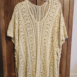 Beachy Boho Open-Knit Hollow Cutout Poncho/Cover-Up/Shawl Ribbon Tassel Tie